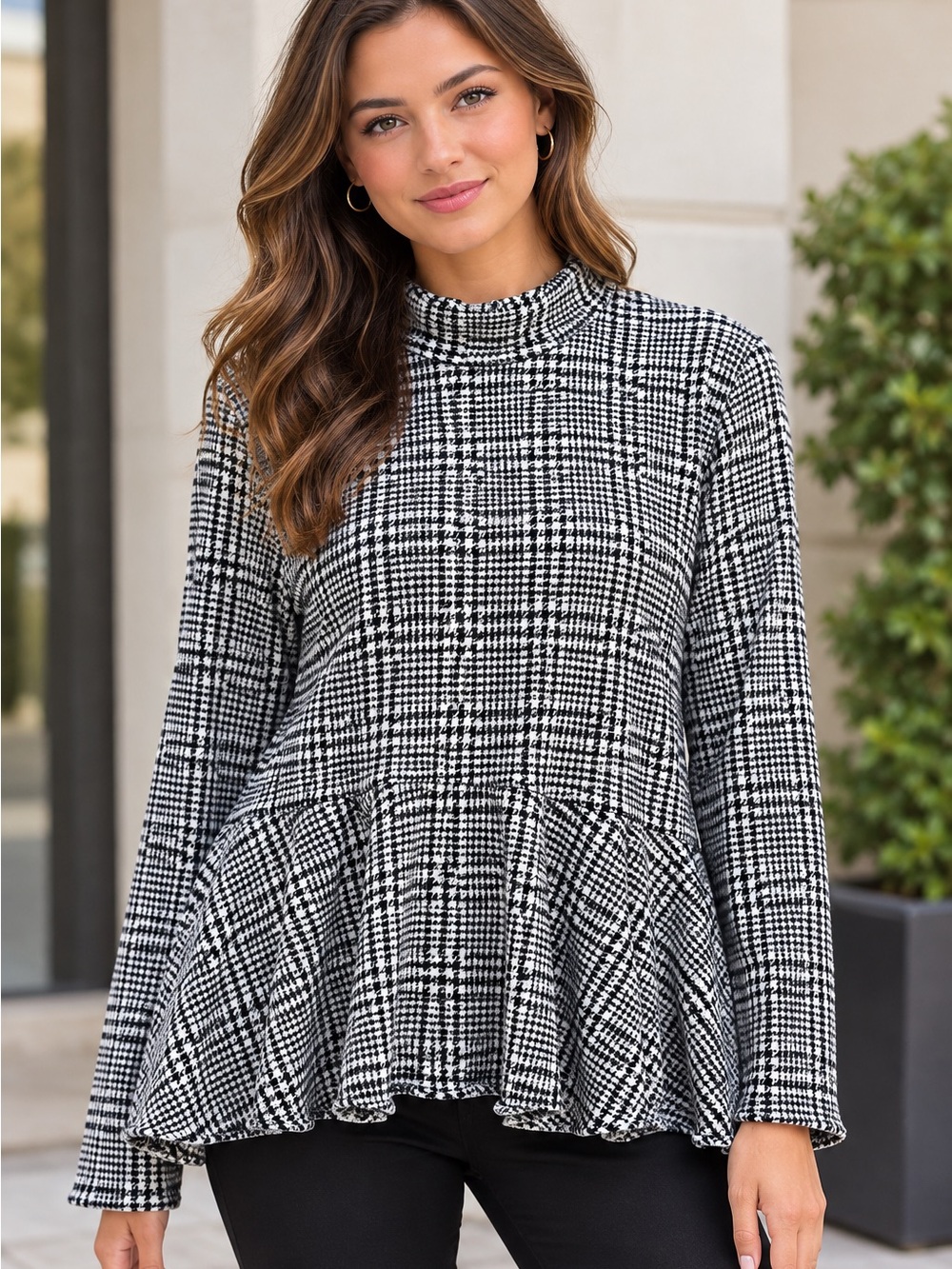Black & White Houndstooth Plaid Mock Neck Flared Peplum Top – Long Sleeve